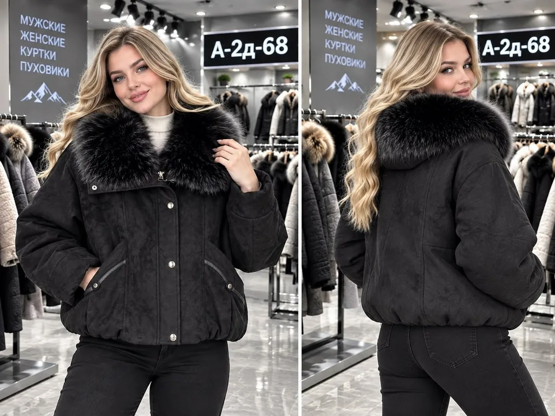 Тёплая стильная куртка из джинсы съёмным меховым воротником — фото 2