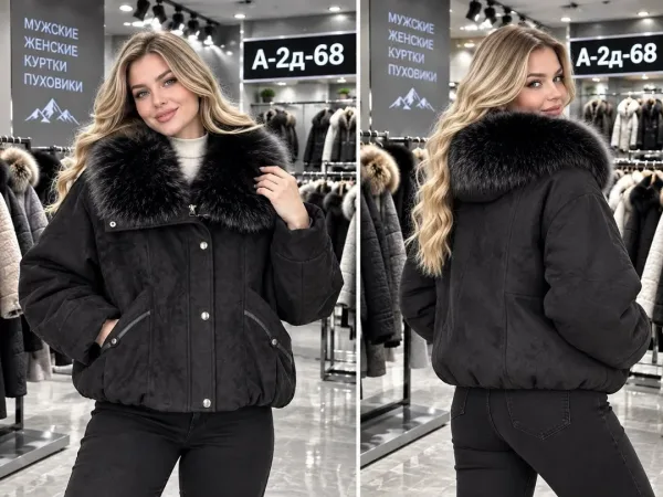 Тёплая стильная куртка из джинсы съёмным меховым воротником — фото 2