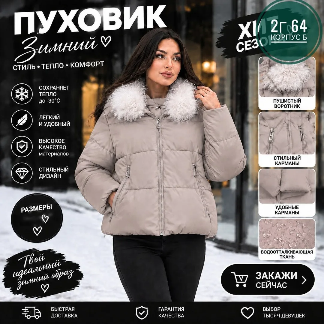 Женская зимняя куртка с капюшоном, наполнитель — холофайбер — фото 2