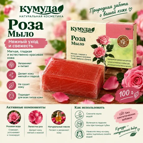 Натуральное мыло Роза от бренда Кумуда средство для ежедневного ухода, созданное для тех, кто ценит натуральную косметик
