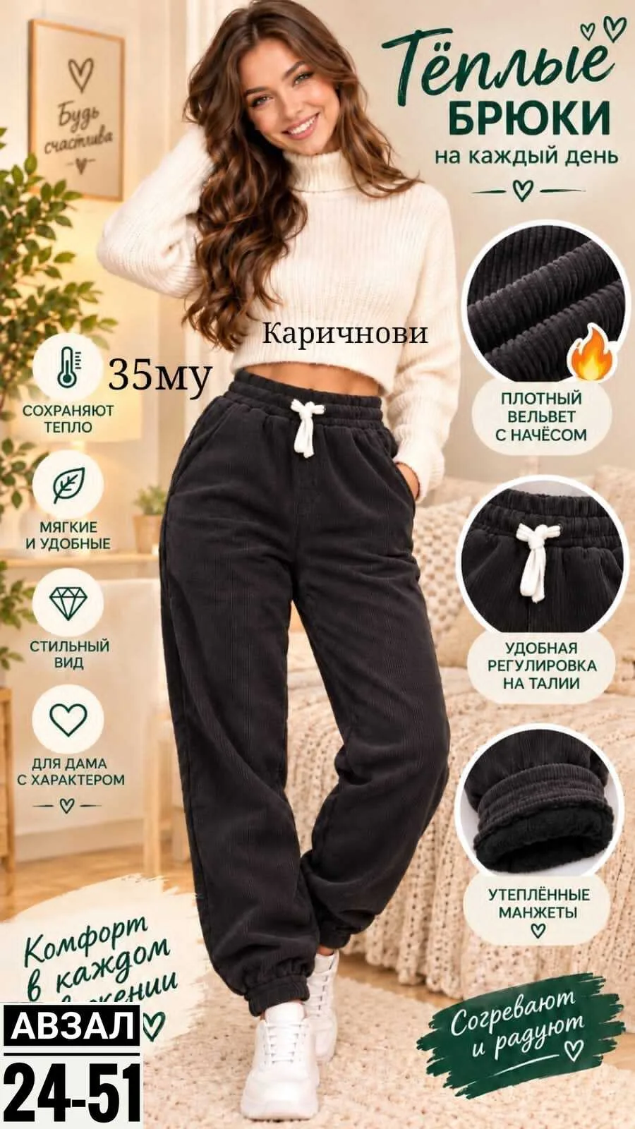 Тёплые брюки из вельвета — фото 2