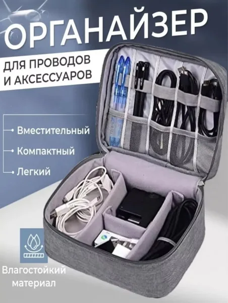 Сумка органайзер для проводов и зарядок, серый/чёрная — фото 7