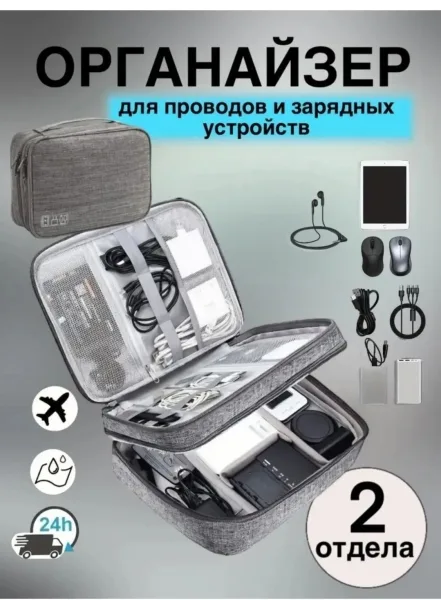 Сумка органайзер для проводов и зарядок, серый/чёрная — фото 12