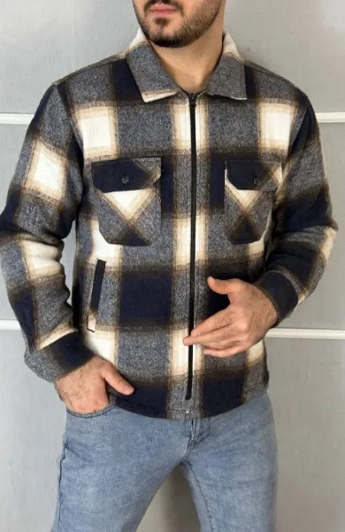 Тёплая мужская рубашка из ткани холопок с меховым воротником — фото 8