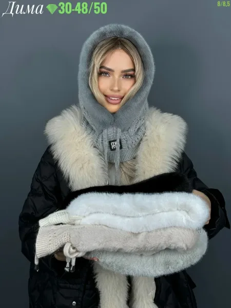 Шапка-капюшон с мехом из ангоры, шерсти и пуха норки — фото 1