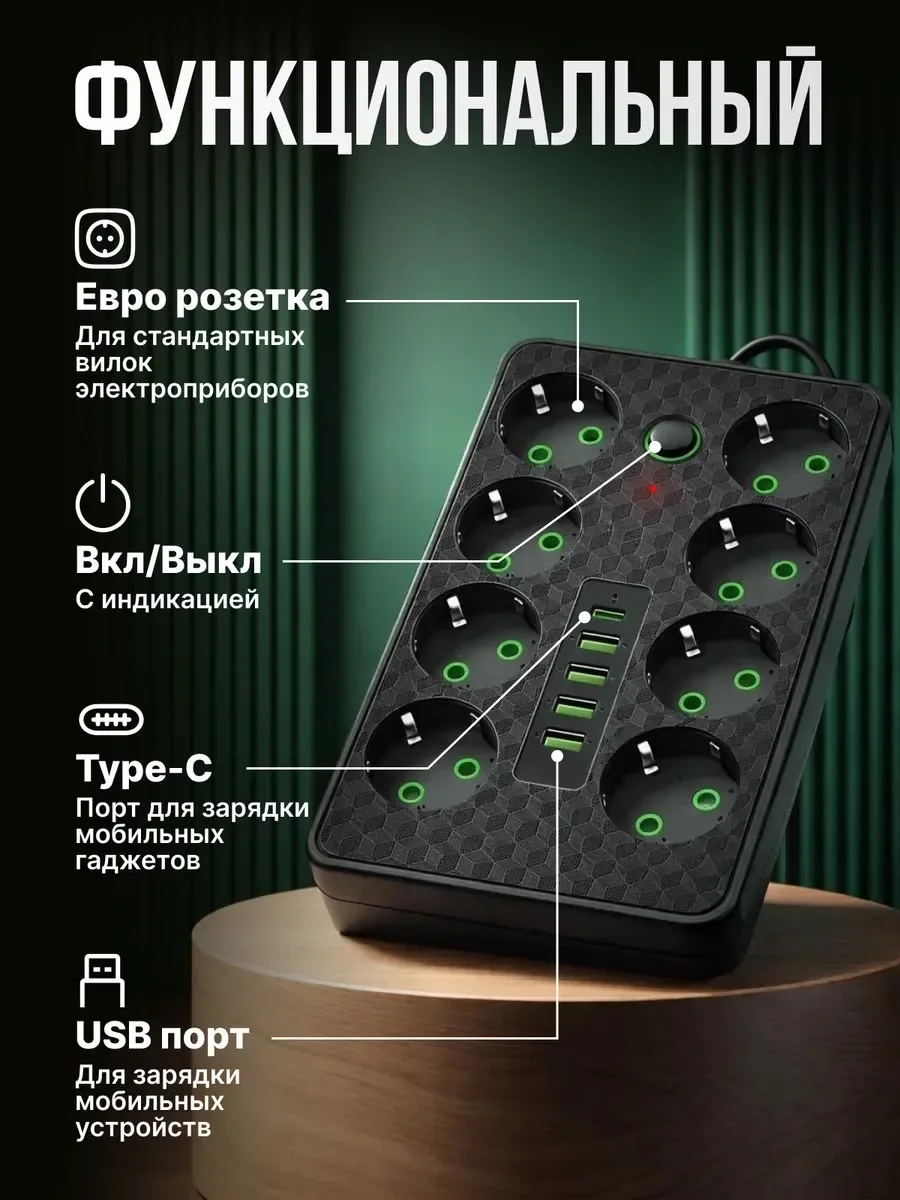 СЕТЕВОЙ ФИЛЬТР 3 МЕТРА С USB И TYPE-C — фото 2