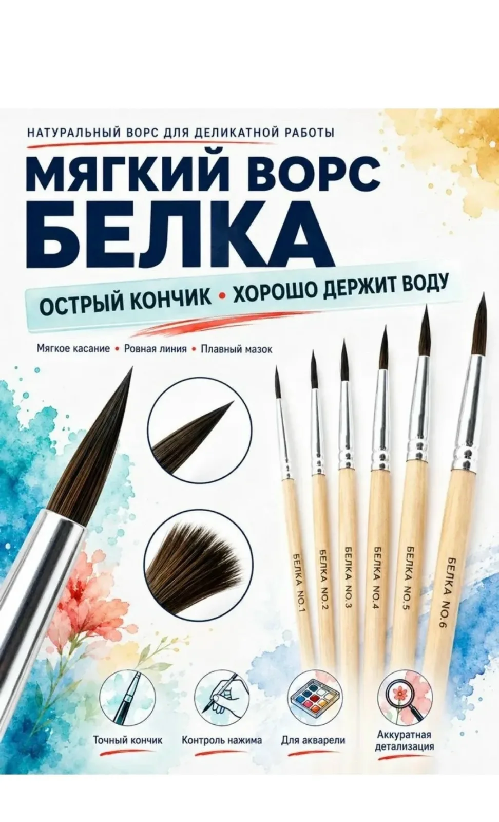 Набор из 6 кистей из натуральной белковой щетины — фото 3