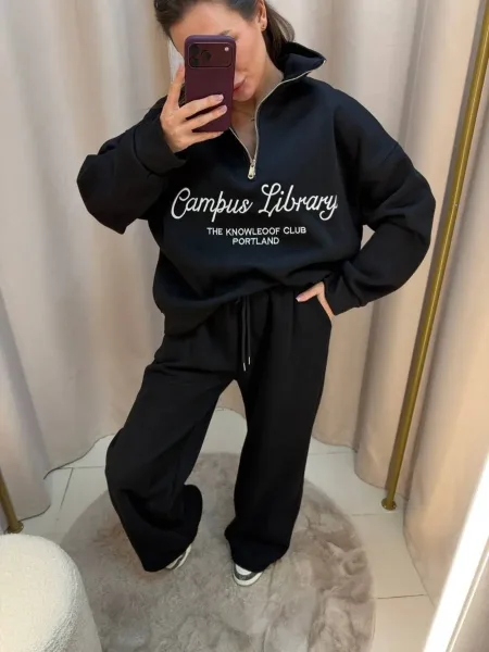 Тёплый и премиальный костюм двойка стильный костюм с начёсом объёмный свитшот с воротником на полузамке и вышивкой, широ — фото 6