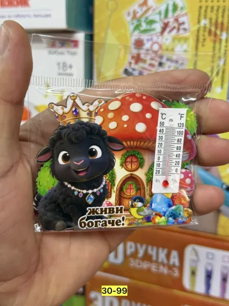 Новогодняя магнитная игрушка в форме барашка с градусниками — фото 3
