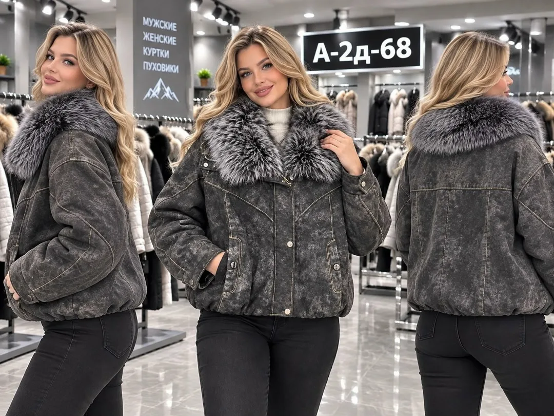 Тёплая стильная куртка из джинсы съёмным меховым воротником — фото 2
