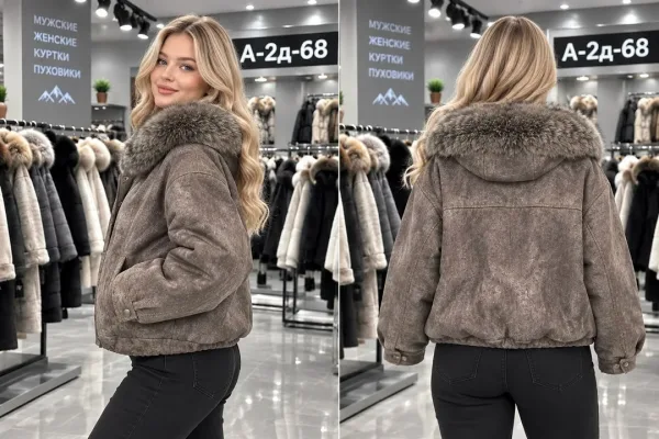 Тёплая стильная куртка из джинсы съёмным меховым воротником — фото 4