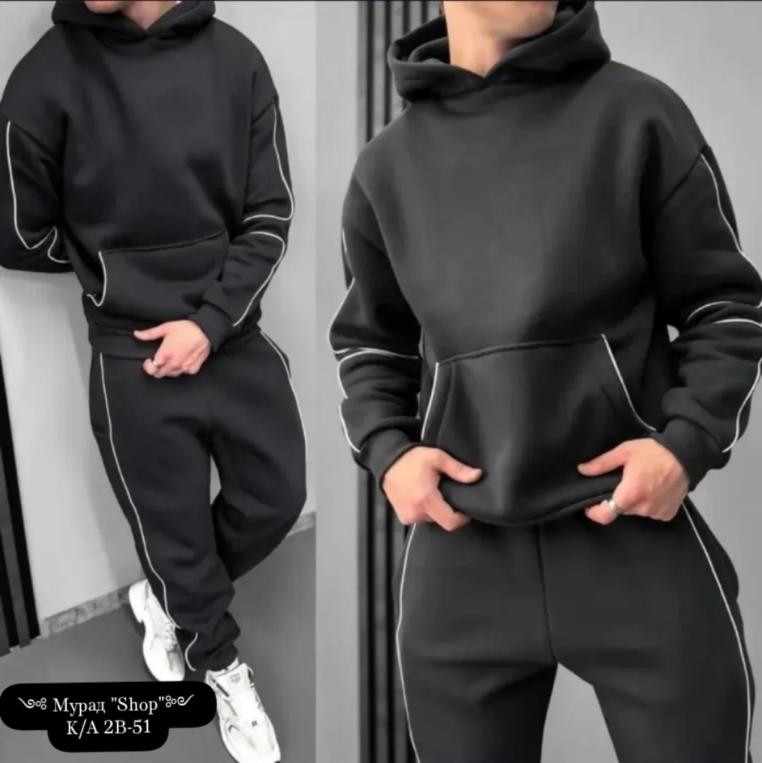 Спортивный мужской костюм из флиса с капюшоном и карманами — фото 3