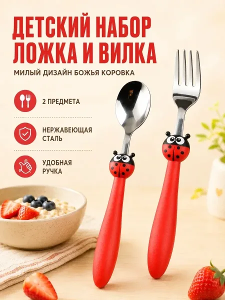 Набор из ложки и вилки для детей с дизайном божьей — фото 1