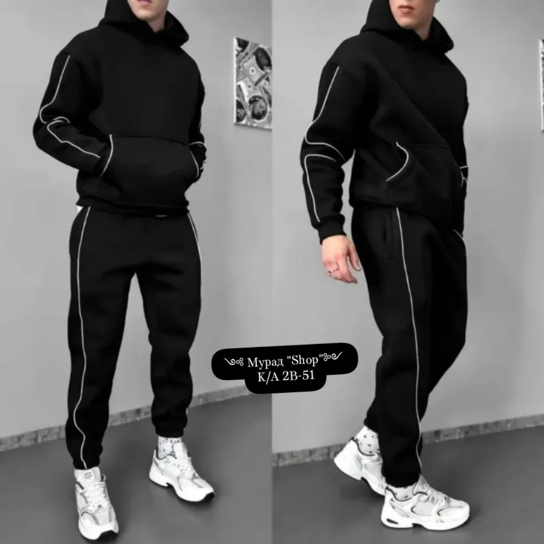 Спортивный мужской костюм из флиса с капюшоном и карманами — фото 2