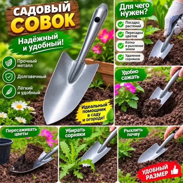 Прочный металлический совок с удобной ручкой для посадки — фото 2