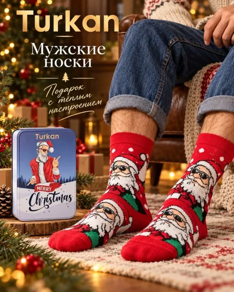 Мужские носки с праздничными рисунками в красивой металлической коробке приятный сюрприз для мужа, папы, брата или друга — фото 11