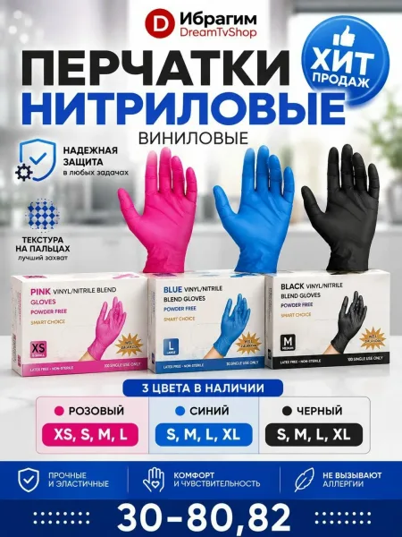 Перчатки нитриловые, розовые, синий, черный XS, S, М, L — фото 2