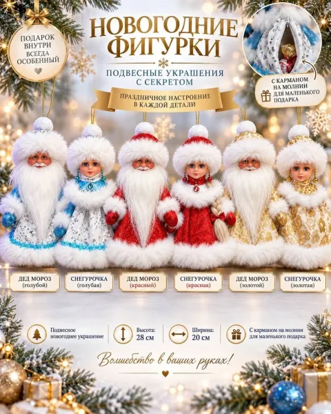 Новогодние подвесные игрушки Дед Мороз и Снегурочка — фото 3