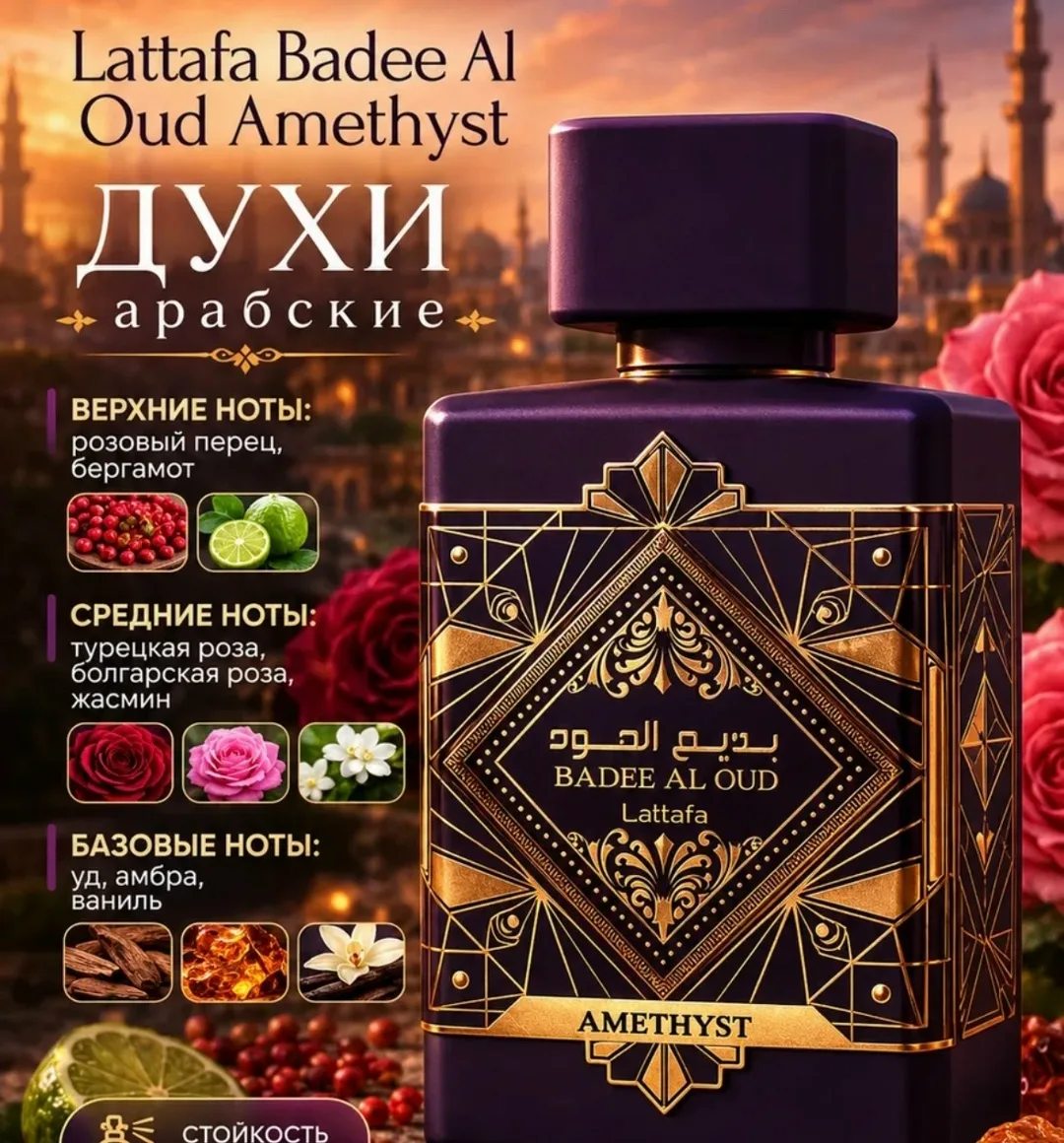 Парфюм унисекс Badee Al Oud Amethyst насыщенный, глубокий и выразительный аромат с восточным характером и заметным шлейф — фото 2