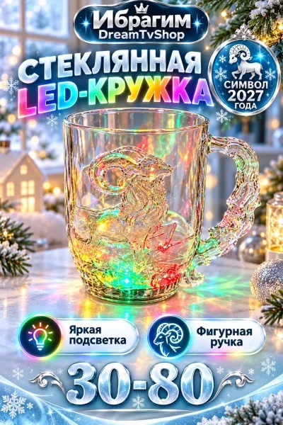 Объёмный рисунок барана и фигурная прозрачная ручка делают кружку необычной и красивой — фото 1