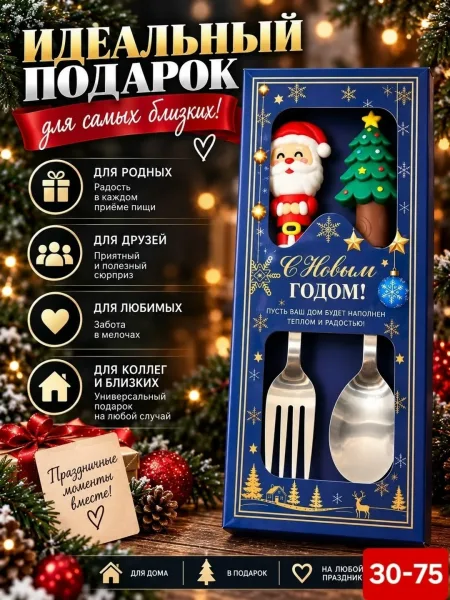 Подарочный набор из ложки и вилки с декоративными наконечниками в виде ёлки — фото 6