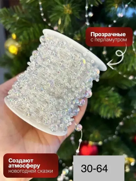 Гирлянда жемчужная прозрачная с перламутровым сиянием — фото 5