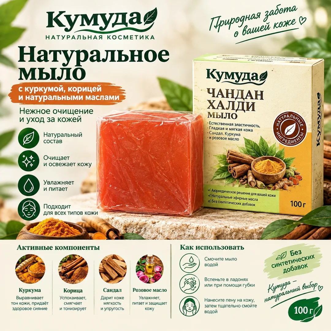 Туалетное мыло Кумуда с куркумой, корицей, сандалом и розовым маслом — фото 2