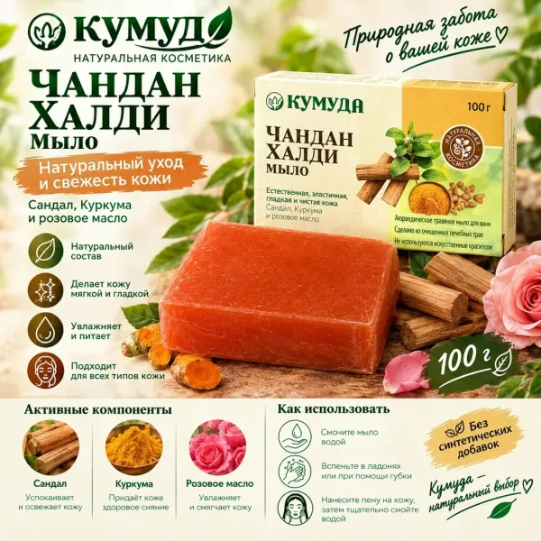 Туалетное мыло Кумуда с куркумой, корицей, сандалом и розовым маслом — фото 1