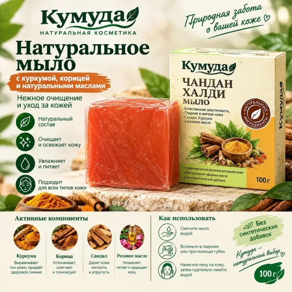 Туалетное мыло Кумуда с куркумой, корицей, сандалом и розовым маслом — фото 2