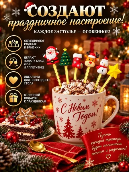 Праздничный набор столовых приборов с ручками в виде фигурок Санты — фото 4