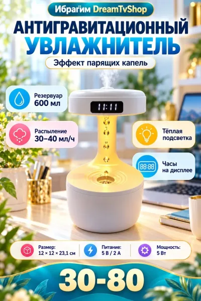 Завораживающий эффект парящих капель, тёплая подсветка и часы на дисплее — фото 1