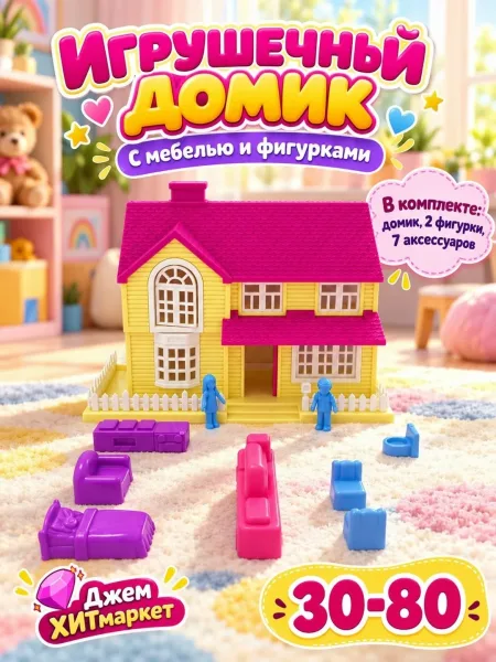 Игрушечный домик с мебелью и фигурками — фото 1