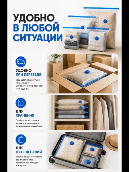 Вакуумные пакеты для одежды и хранения вещей комплект — фото 5