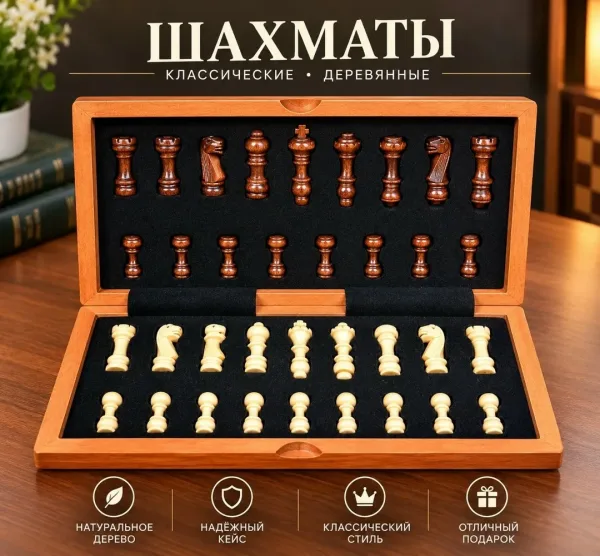 Магнитные шахматы в деревянном кейсе
