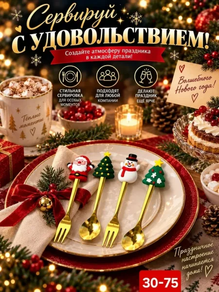 Набор столовых приборов с фигурками Санта, снеговик, елка, олень — фото 3