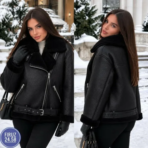 Чёрная куртка-дублёнка с меховым воротником — фото 1