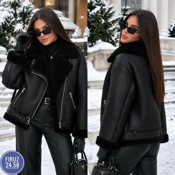 Чёрная куртка-дублёнка с меховым воротником — фото 2