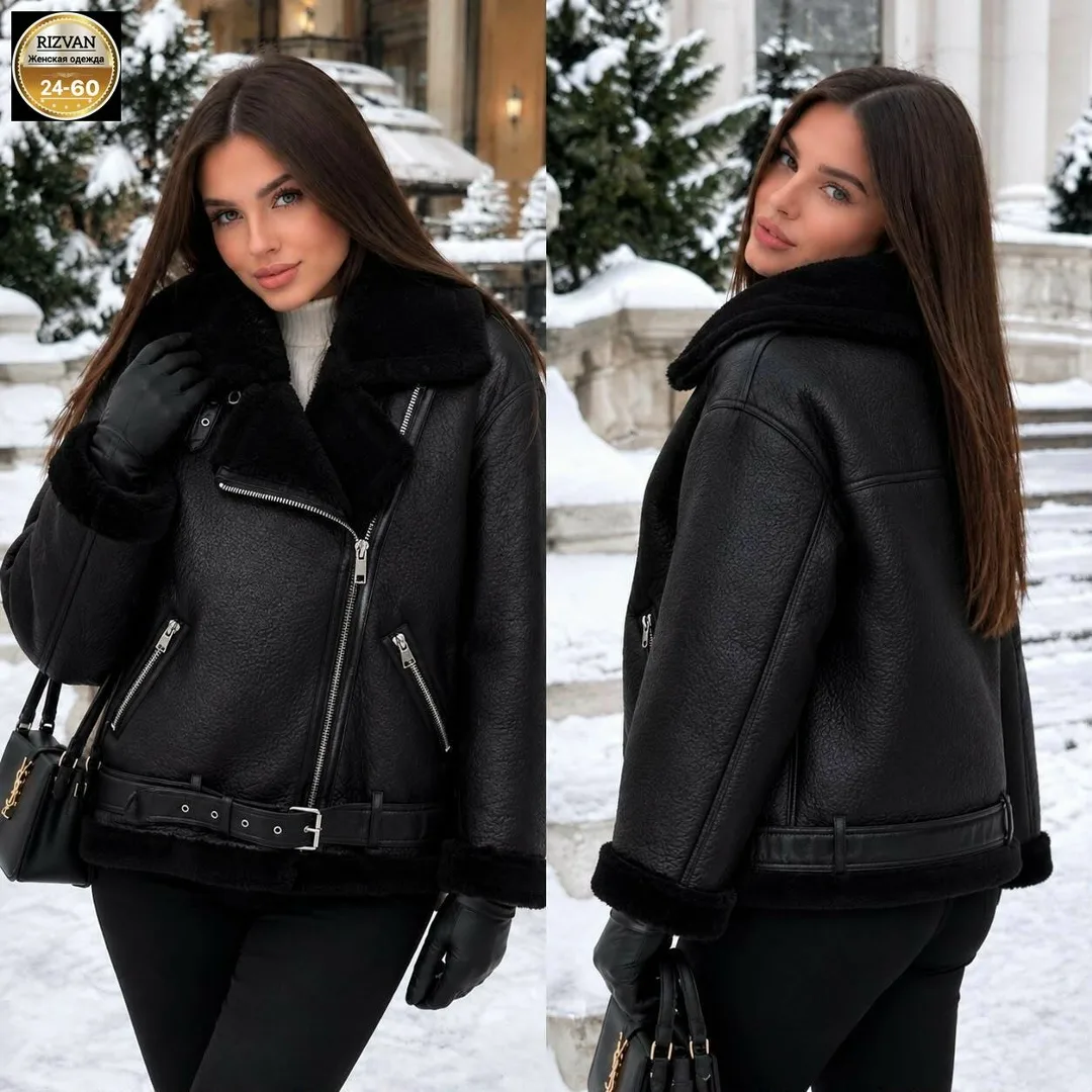 Чёрная куртка-дублёнка с меховым воротником — фото 2