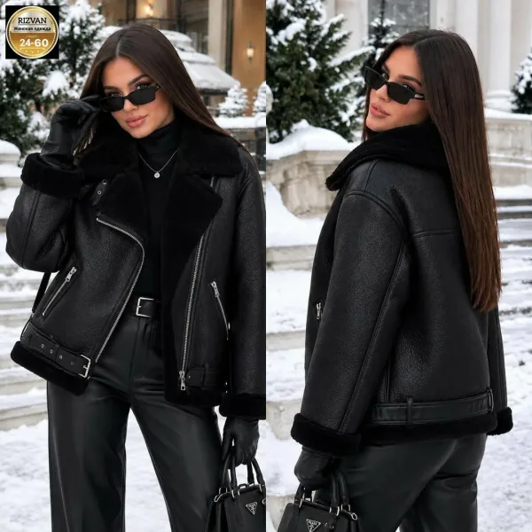 Чёрная куртка-дублёнка с меховым воротником — фото 1