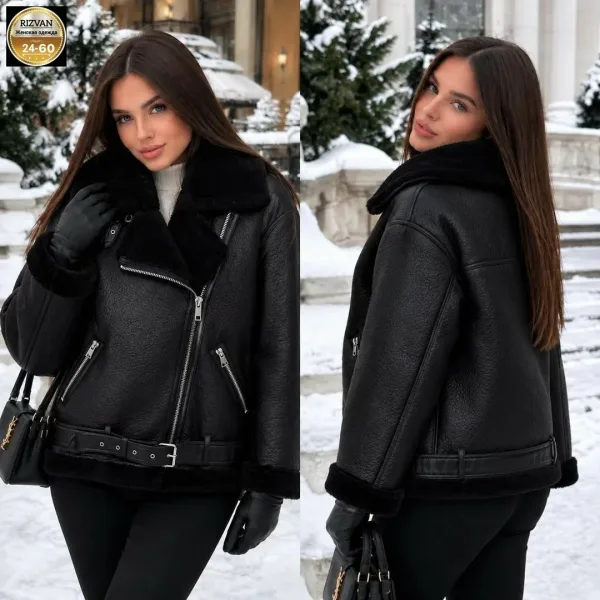 Чёрная куртка-дублёнка с меховым воротником — фото 2