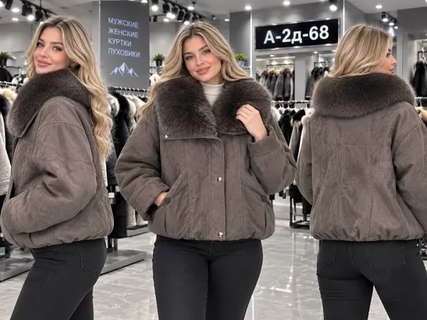 Тёплая стильная куртка из джинсы съёмным меховым воротником — фото 3