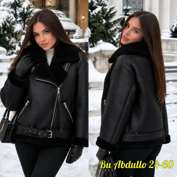 Чёрная куртка-дублёнка с меховым воротником — фото 1