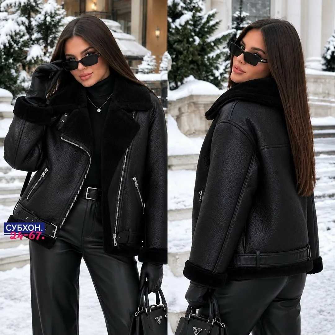 Чёрная куртка-дублёнка с меховым воротником — фото 2