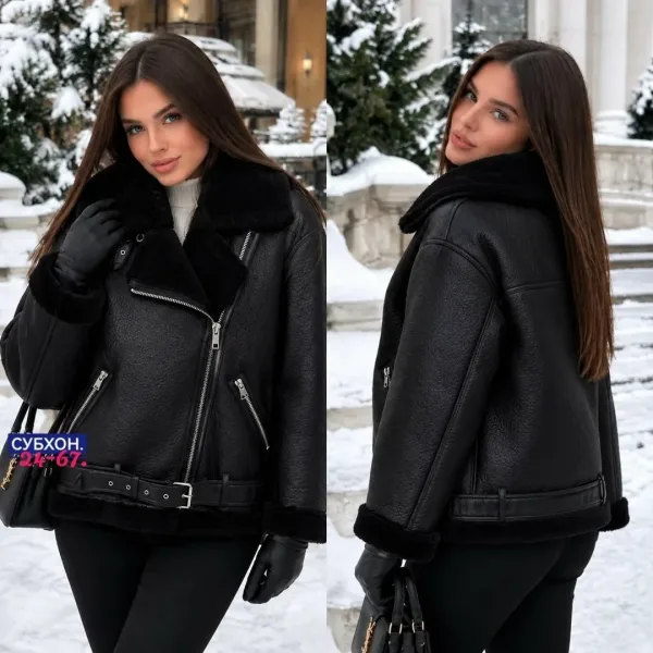 Чёрная куртка-дублёнка с меховым воротником — фото 1