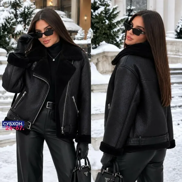 Чёрная куртка-дублёнка с меховым воротником — фото 2