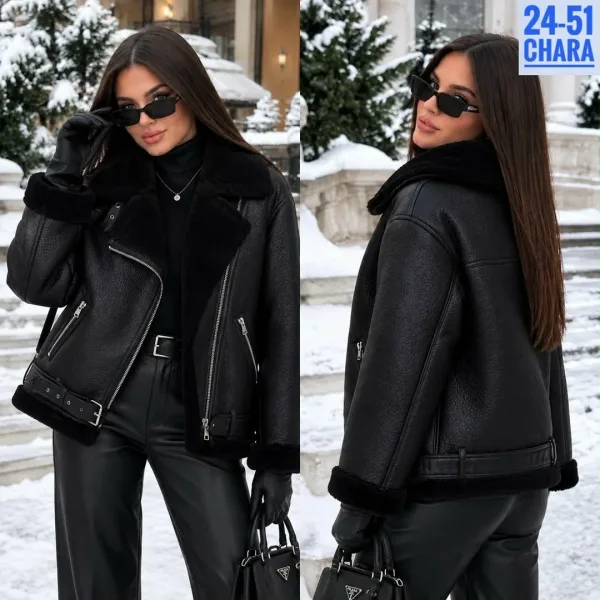 Чёрная куртка-дублёнка с меховым воротником — фото 1