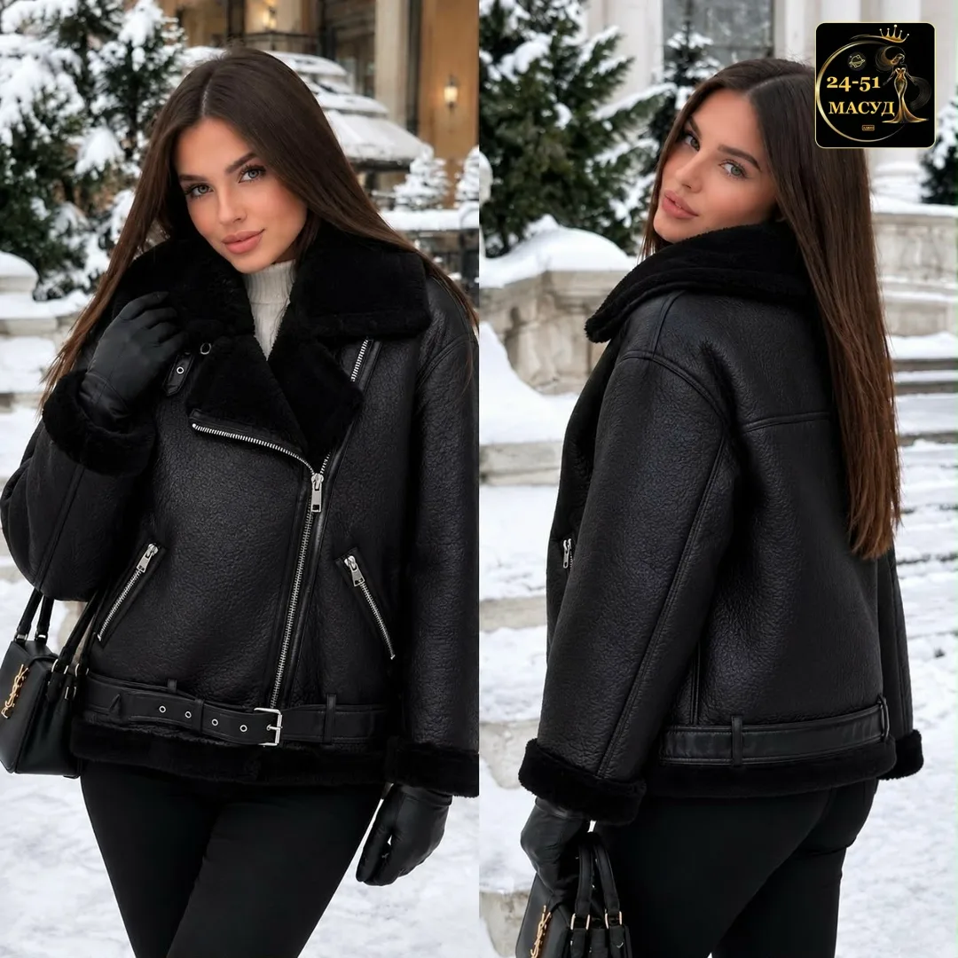 Чёрная куртка-дублёнка с меховым воротником — фото 2