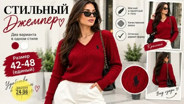 Джемпер вязаный красный/молочный — фото 1