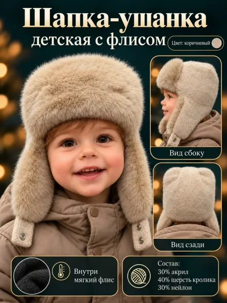 Детская ушанка с меховым помпоном и отстёгивающимися ушами — фото 2