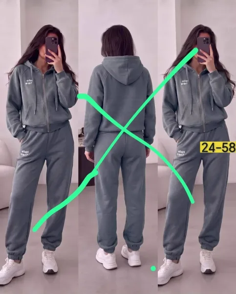Уютный женский спортивный костюм из двухстороннего флиса с отделкой искусственным — фото 8